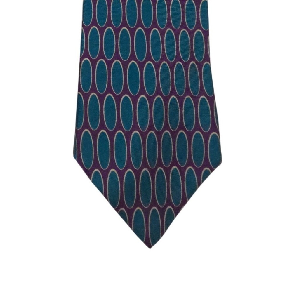 Ferrell Reed Neiman Marcus Vintage Silk Tie Teal‎ Purple Geometric Oval Pattern